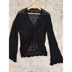 Black Crochet Tie Front Sweater Top Bell Sleeve Boho Festival Y2K Women's M